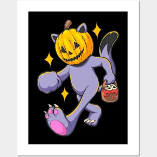 halloween walking cat jack-o'-lantern Posters and Art